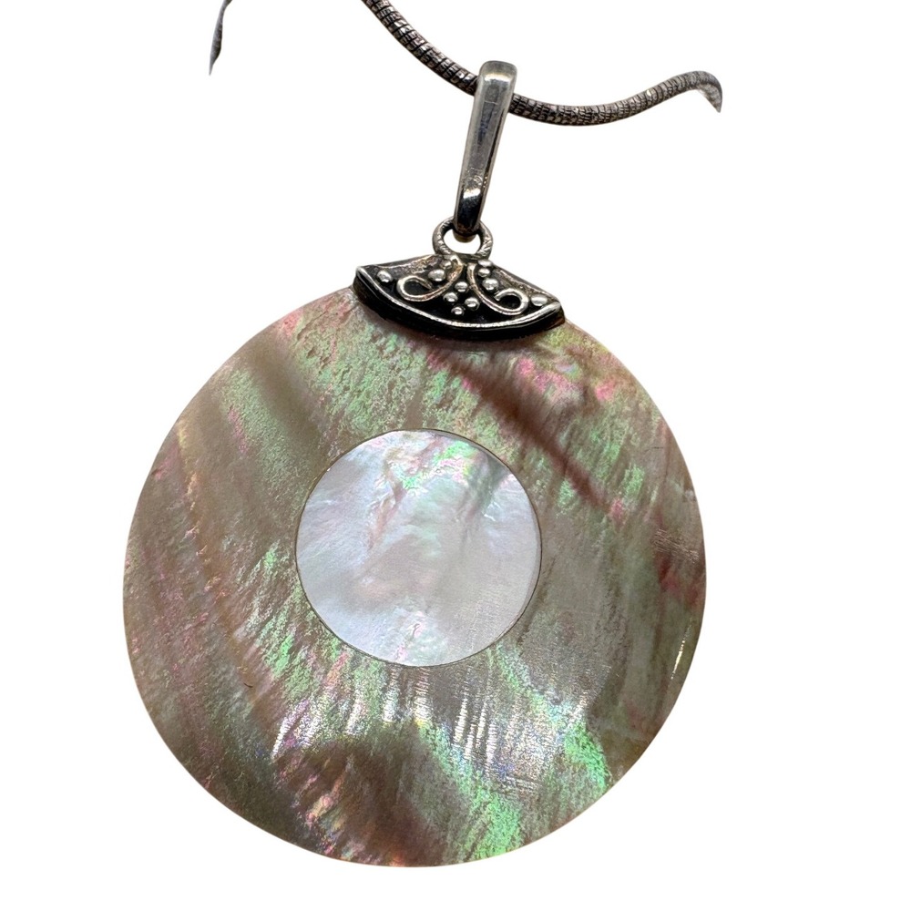 Vintage Milor Sterling Silver Abalone Mother of Pearl Shell Pendant Necklace